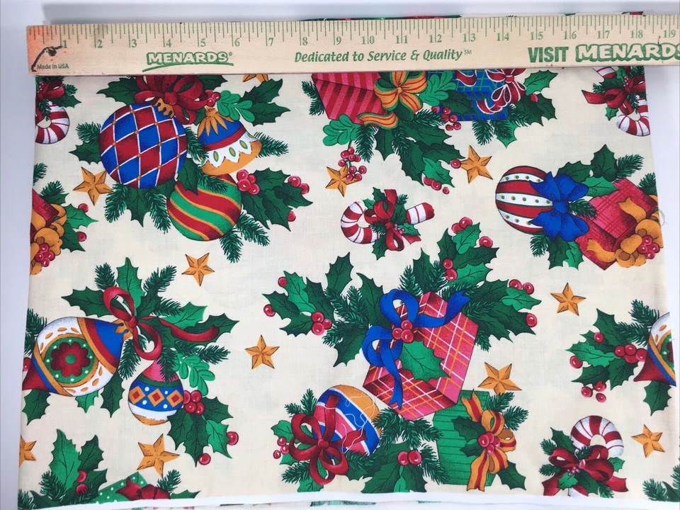 Cranston VIP Christmas Fabric 2 Yards x 58" Wide Cream Blue Red Ornaments - Image 1 of 1