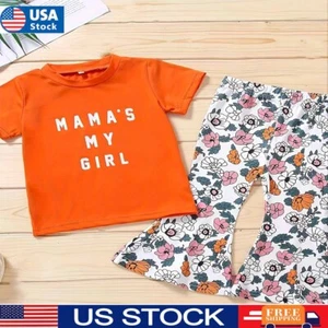 Girls Short Sleeve Top Bell Pants Set 2PCS Cowboy Print Outfit - Picture 1 of 6