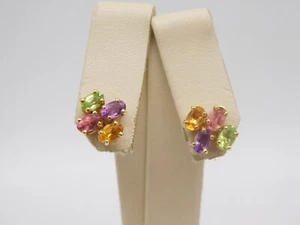 VINTAGE 14K SOLID YELLOW GOLD CITRINE AMETHYST PERIDOT TOURMALINE STONE EARRINGS - Picture 1 of 7