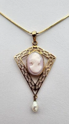 10k 417 Gold YG Angel Skin Coral Victorian Cameo Pearl Lavaliere Pendant Au 2252 - Image 1 of 4