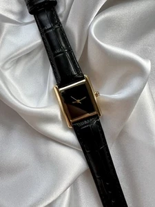 Classic Elegant Tank Style Gold Women’s Wrist Watch With Black Leather Strap - Picture 1 of 6