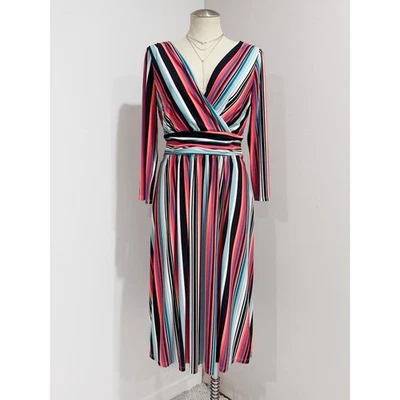 Vestido midi envolvente sintético manga 3/4 multicolor London Times para mujer talla 12 Foto 1 de 4