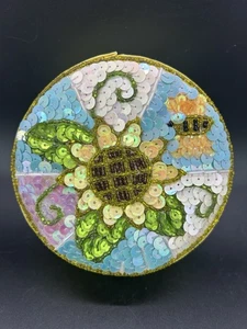 Vintage Handmade Sequin Trinket Box Yellow Sunflower Bee Satin Keepsakes BN23 - Picture 1 of 7