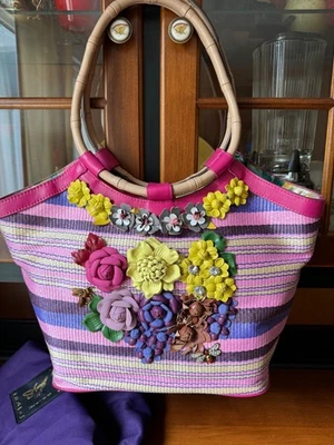 NEW Sharif Leather FLOWER BASKET Striped Market Bag w/ Wristlet Pink Purple - Image 1 of 4