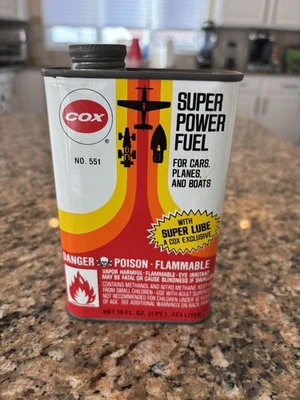 COX GLOW FUEL SUPER POWER FUEL 16OZ (FULL) TIN CAN VINTAGE FOR MODEL PLANES - Image 1 of 3