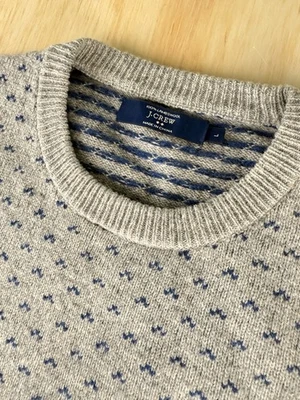 J.Crew Sweater Men's Large Navy Blue Lambswool Crewneck Nordic Grid Preppy Ivy - Image 1 of 4