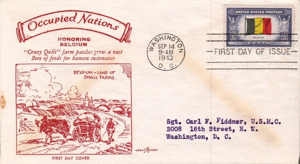 WW2 OVERRUN COUNTRIES BELGIUM #914 SEP 14 1943 WASHINGTON DC FIRST DAY COVER - Image 1 of 1