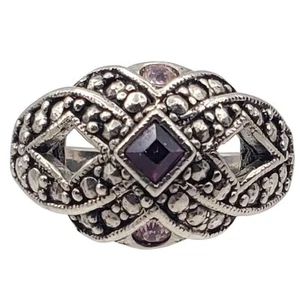 Avon Purple & Pink Glass Ring Silver Tone Marcasite Vintage Jewelry Size 8.5 - Picture 1 of 6