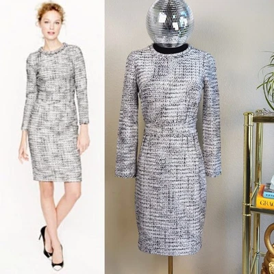 J Crew Tweed Sheath Dress, Size 0, Black, White, Long Sleeve - Image 1 of 4