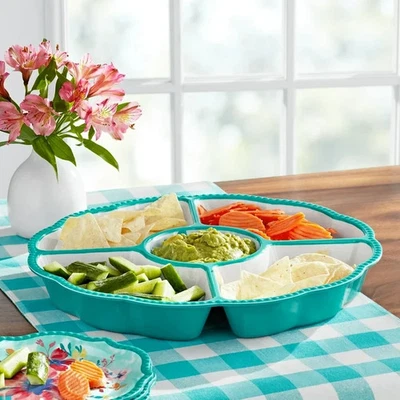 The Pioneer Woman ~ Folk Geo ~ Teal ~ Plato de Melamina Chip & Dip Foto 1 de 4