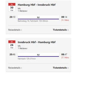 2 Zugtickets Innsbruck Hamburg (Hin- und Rückreise) 26.03.-30.03.2025 - Bild 1 von 1