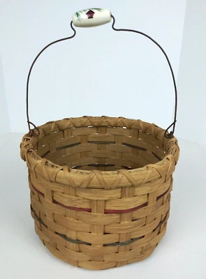 Vintage Wood Basket Round Woven Splint Ceramic Bead Wire Handle Red Green Stripe - Image 1 of 4