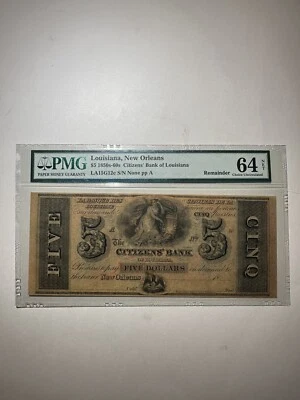 Citizens’ Bank Of Louisiana New Orleans $5 1850s-60s Remainder - Image 1 of 2