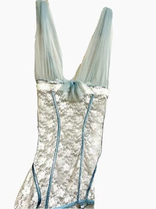 Shirley of Hollywood Sheer Lace Teddy Lingerie Lite Blue Size L  Adjustable Back - Picture 1 of 13