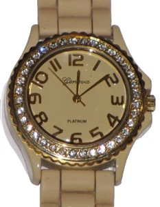 Geneva Platinum Watch Gold Plated Rhinestones Rubber Band Beige Womens 6886 - Picture 1 of 24