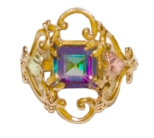 Black Hills Gold 10k Large  Mystic Fire Topaz Leaf Ring Size 10 3/4 - Picture 1 of 7