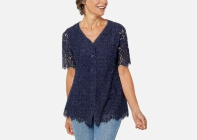 Top Isaac Mizrahi Tejido Encaje Botón Delantero Azul Marino Oscuro S A392615 Foto 1 de 4