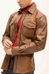 Camisa de cuero para hombre piel de cordero genuina marrón vintage camisa chaqueta-35 - Imagen 1 de 13
