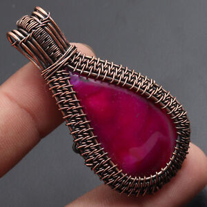 F1693 Pink Lace Onyx Copper Wire Wrapped Gemstone Pendant 2.2"  Jewelry