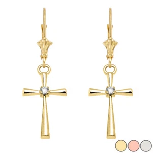 Solitaire Diamond Cross Leverback Earring(Available In Yellow/Rose/White Gold) - Picture 1 of 6