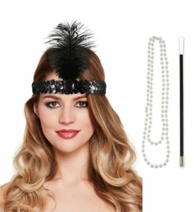 Black Sequin & Feather Flapper Headband Pearls Cig Holder Set Fancy Dress 1920s - Picture 1 of 2