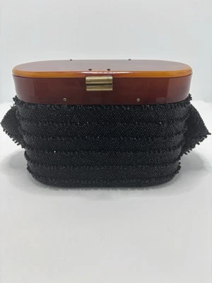 Cartera de caja vintage bolso con cuentas de vidrio negro años 40 para mujer caramelo baquelita top. Foto 1 de 4