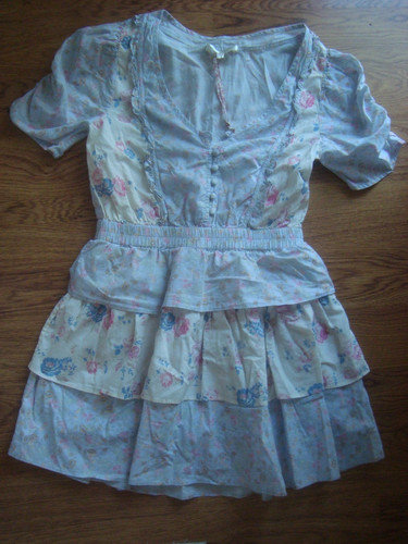 LOVESHACKFANCY Mini Abito Donna Blu Off White Floreale a Livelli Increspato Taglia XS