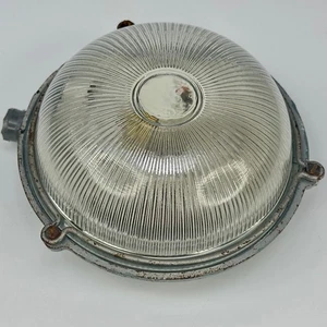 Vintage French Grey Heavy Cast Iron & Prismatic Glass Industrial Bulkhead Light - Picture 1 of 24