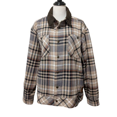 Scotch & Soda Mens Size L Brown Tan Plaid Flannel Sherpa Lined Shacket Jacket - Image 1 of 4