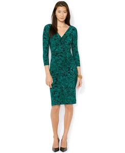 Ralph Lauren Faux Wrap Dress Womens 12 Green Black Floral Knee Length Stretch - Picture 1 of 11