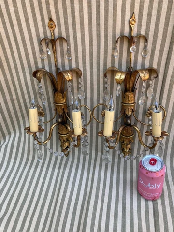 Exquisite pair of vintage/ antique Italian gilt metal wall sconces with prisms Cover