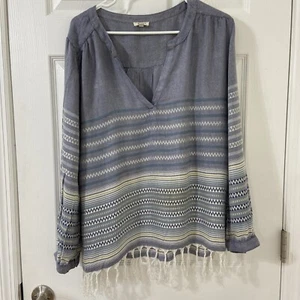 Dylan Blue V Front Blouse Top Size Large Boho Long Sleeve Fringe - Picture 1 of 5