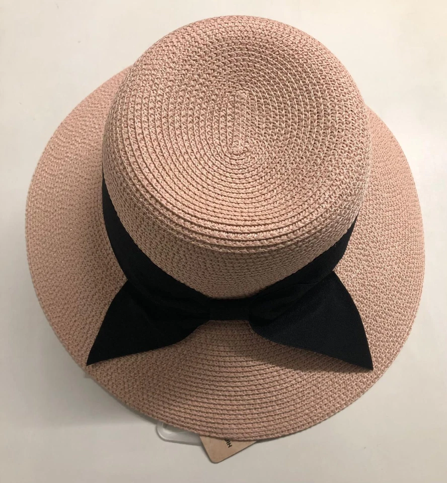 Sombrero para el sol flojo de paja de papel Cloche empacable para iglesia con arco negro de playa FPS50 Foto 1 de 4