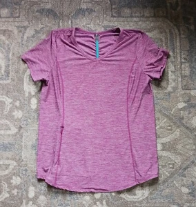 Women's L Duluth Trading Co Pink Heathered V-Neck Short Sleeve Active Wear Top - Picture 1 of 5