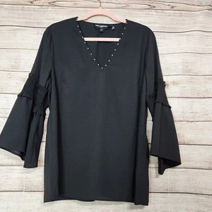 KARL LAGERFELD PARIS Women’s L Black V-neck Blouse With Pearl Detail Bell Sleeve - Picture 1 of 12