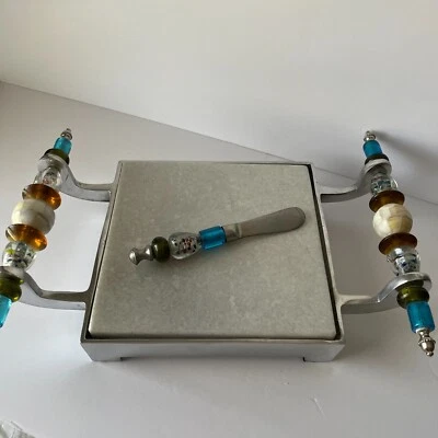 Mid Century Modern 2pc Glass, Metal, Stone & Mineral Cheese, Fruits, Meats HEAVY - Image 1 of 4