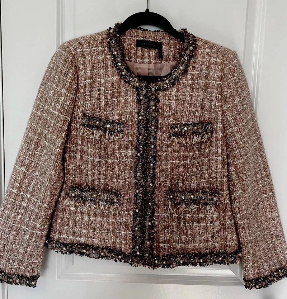 Blazer de tweed Stella + Lorenzo S perlas, pedrería aspecto vintage Foto 1 de 4