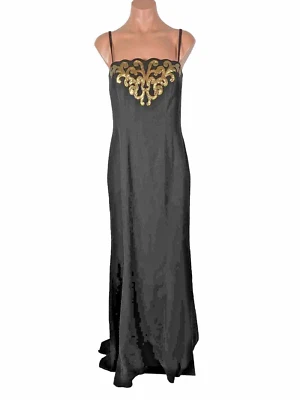 Vestido de noite longo vintage Tadashi Shoji preto dourado lantejoulas bodycon sereia 6 - Imagem 1 de 4