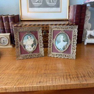 2 Small Antique Gold Ornate Filigree Picture Frames Victorian Lady Portraits - Picture 1 of 10