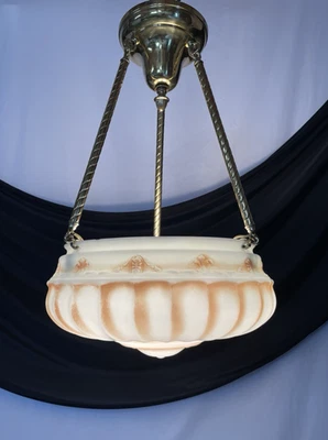 RESTORED Antique Vtg Arts Crafts Deco Glass Bowl Chandelier, Foyer Pendant Light - Image 1 of 4