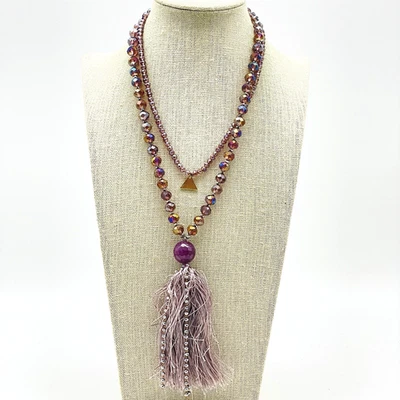 SEREFINA Beaded Tassel Necklace Purple Crystal Beads Long Boho Statement Jewelry - Image 1 of 4