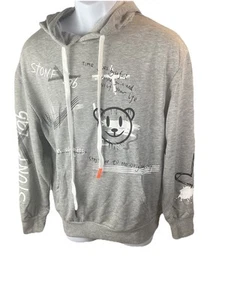Men's Cartoon Letter Graphic Drawstring Hoodie Pocket Sweatshirt Gray Chest 43" - Picture 1 of 12