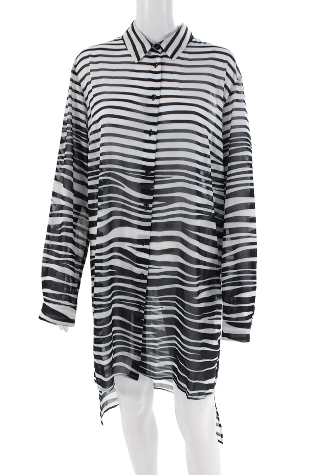 Vestido camisero negro con botones manga larga cuello a rayas Gottex para mujer talla L Foto 1 de 4