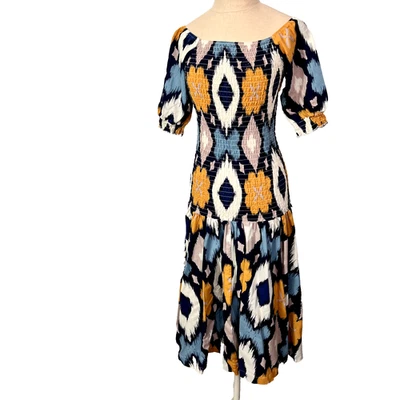 Midnight Velvet Dress Women M Blue Geometric Summer Vacation Cruise Smocked Midi - Image 1 of 4