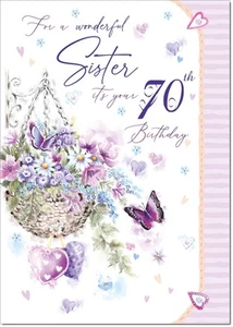 Doodlecards Sister 70th Birthday Card Age 70 Purple Hanging Basket - Picture 1 of 4