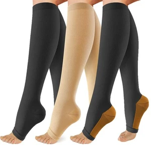 3 Pack 20-30mmHg Open Toe Compression Socks Knee High Support for Men Women - Picture 1 of 7