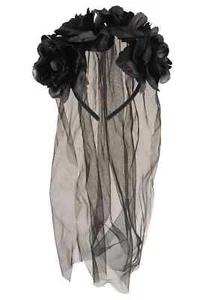 Damas Negro Rosa Velo Flores Halloween Fiesta Vestido Elegante Disfraz Accesorio - Imagen 1 de 1