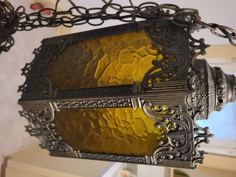 antique metal hanging light chandelier plastic inserts yellow Cover
