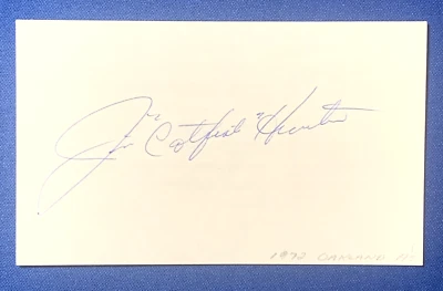 Jim "Catfish" Hunter HOF Autographed 3x5 Index Card Oakland Athletics - Image 1 of 3