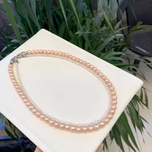 two strands 3-4mm 6-7mm south sea white pink pearl necklace(tim) - Picture 1 of 4